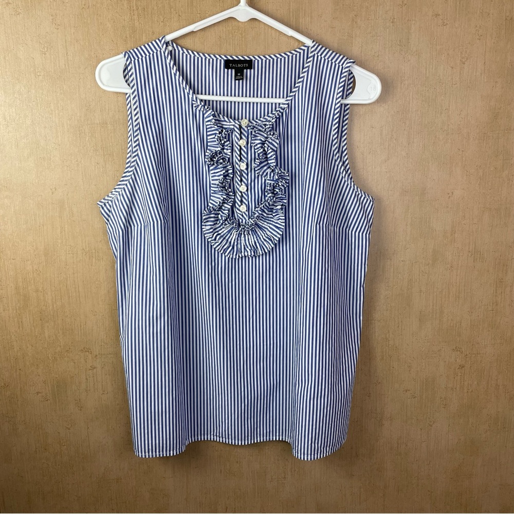 Talbots Blue & White Vertical Striped Sleeveless Top Size Medium